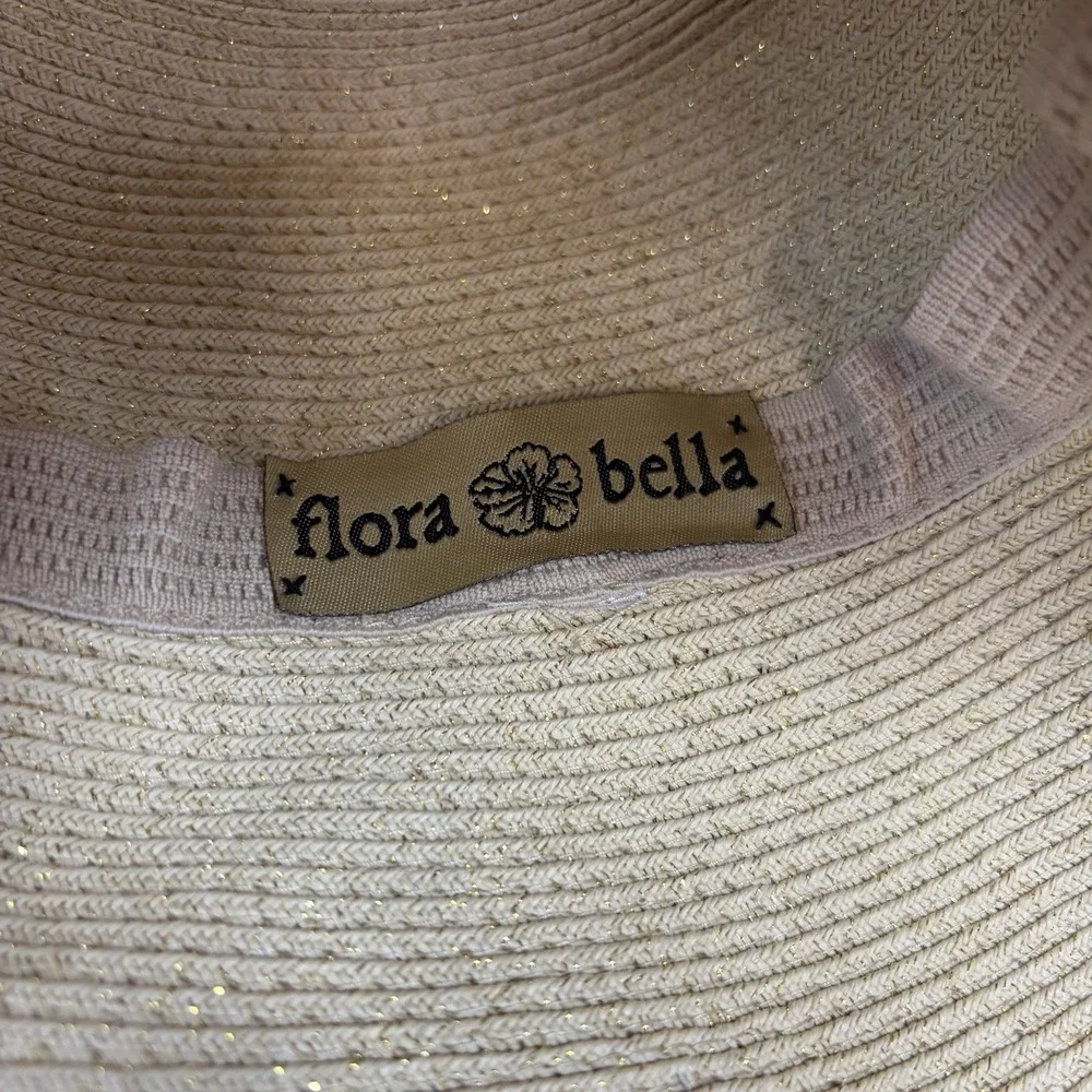 Flora Bella Bucket Hat Women One Size Cream Woven Straw Wide Brim Bow Summer Hat